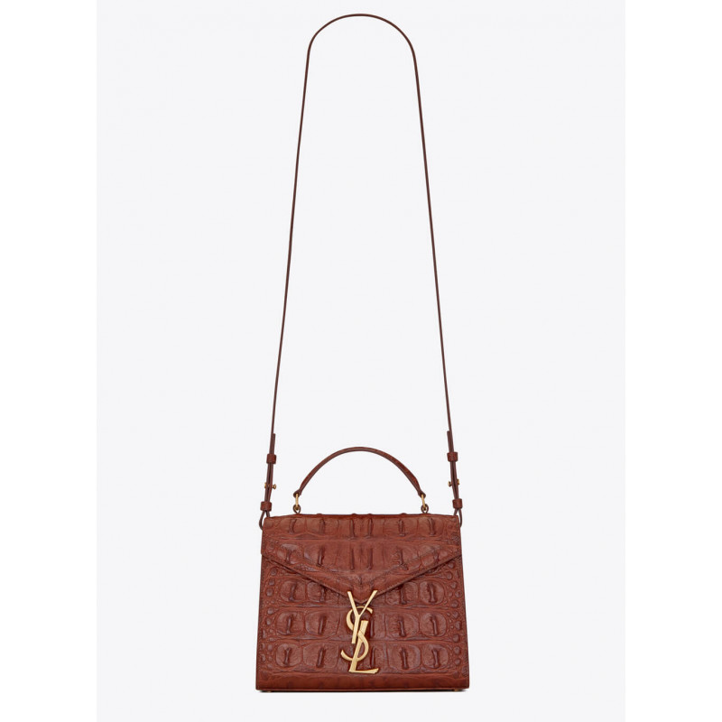YSL Saint Laurent Cassandra Mini Top Handle Bag In Caiman Embossed Leather 602716 Brown