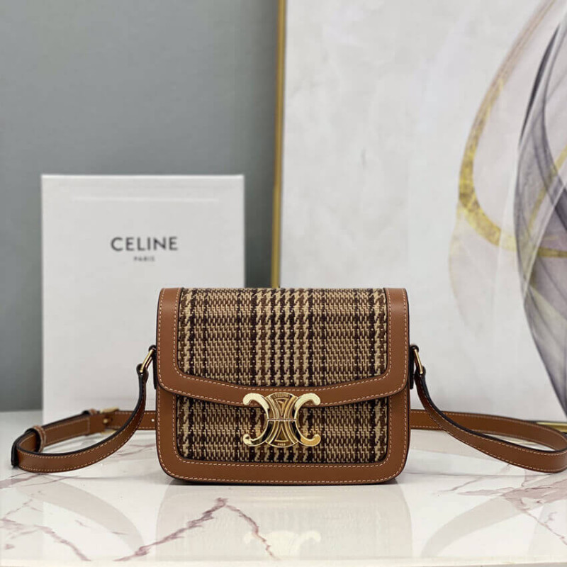 Celine Teen Triomphe Bag in Triomphe Textile and Calfskin 188882 Brown/Tan