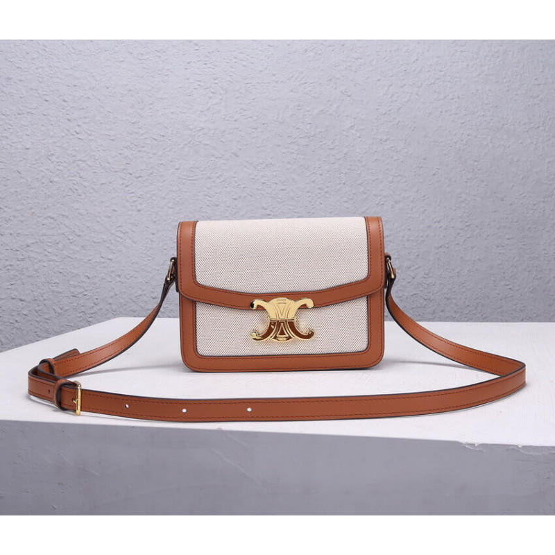 Celine Teen Triomphe Bag in Textile and Natural Calfskin 188882 Tan/White