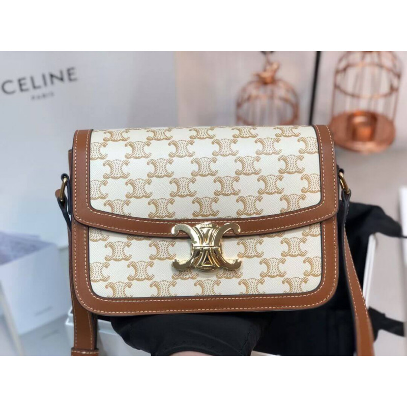 Celine Teen Triomphe Bag in Triomphe Canvas and Calfskin 188882 White