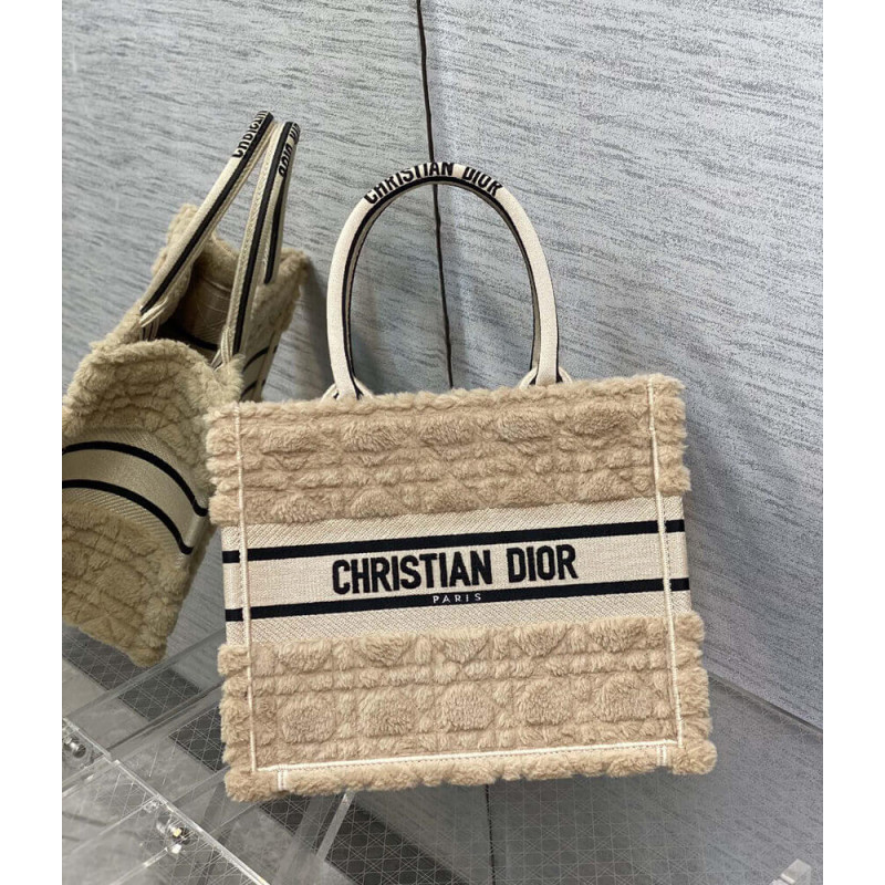 Christian Dior Small Book Tote Beige Cannage Shearling M1265
