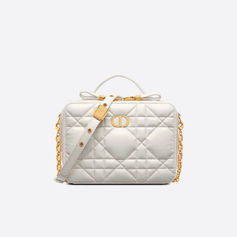 Christian Dior Caro Box Bag With Chain Latte Quilted Macrocannage Calfskin S5140
