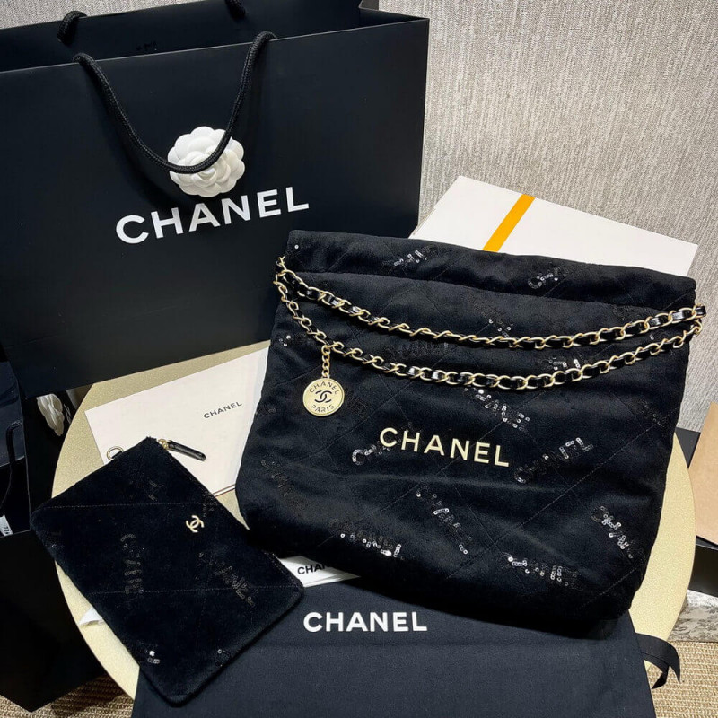 Chanel 22 Small Handbag AS3260 in Black Velvet