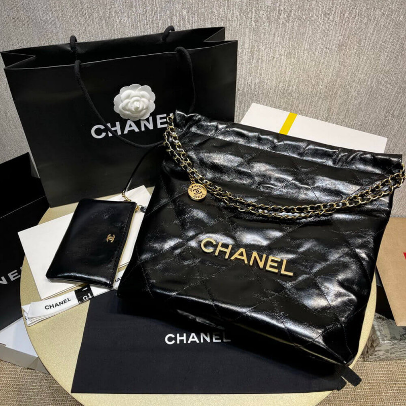 Chanel 22 Small Handbag Shiny Calfskin AS3260 Black Gold