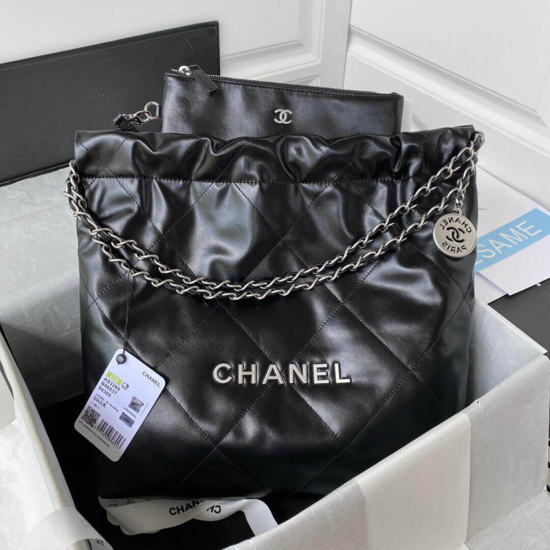 Chanel 22 Small Handbag Shiny Calfskin AS3260 Black Silver