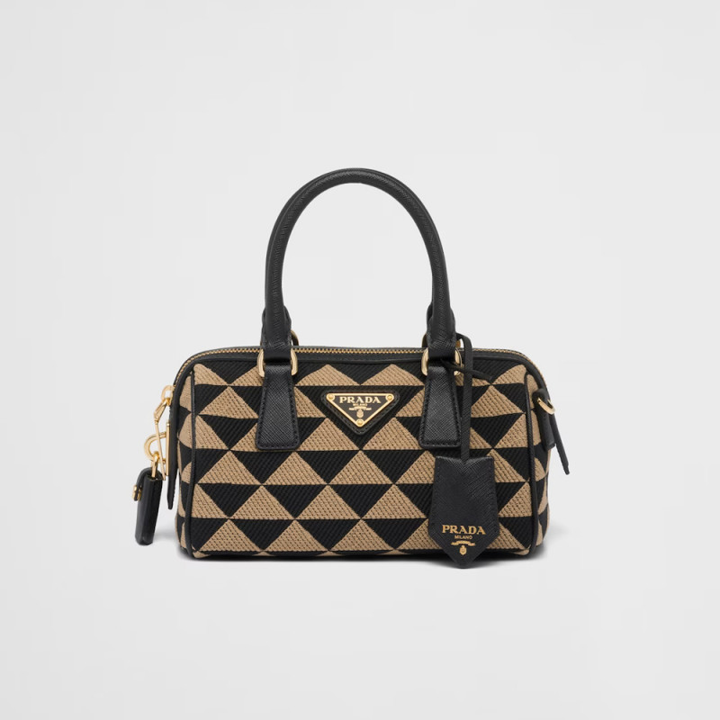 Prada Symbole Embroidered Fabric Top-Handle Bag 1BB846 Black/Beige