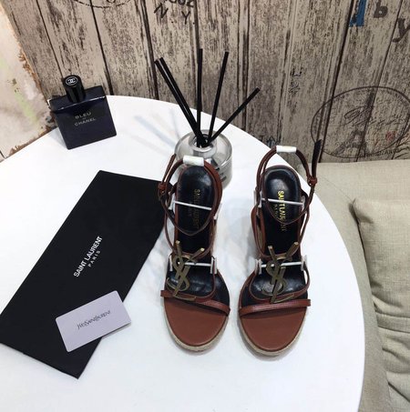 Saint Laurent YSL-CASSANDRA Logo letter buckle high-heeled wedge grass woven leather Wedges