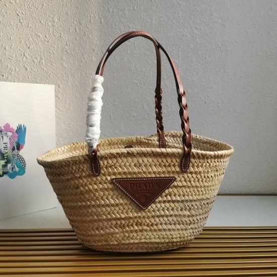 Prada Raffia Woven Basket Bag with Leather Trim 1BG314