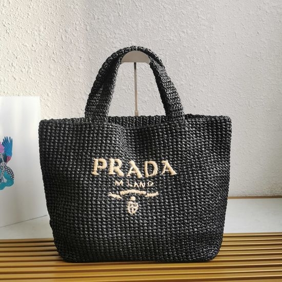 Prada Raffia Tote Bag Embossed Logo Striped Design 1BG392