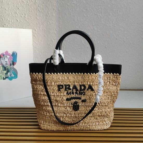 Prada Raffia Tote Bag with Leather Details 1BG500