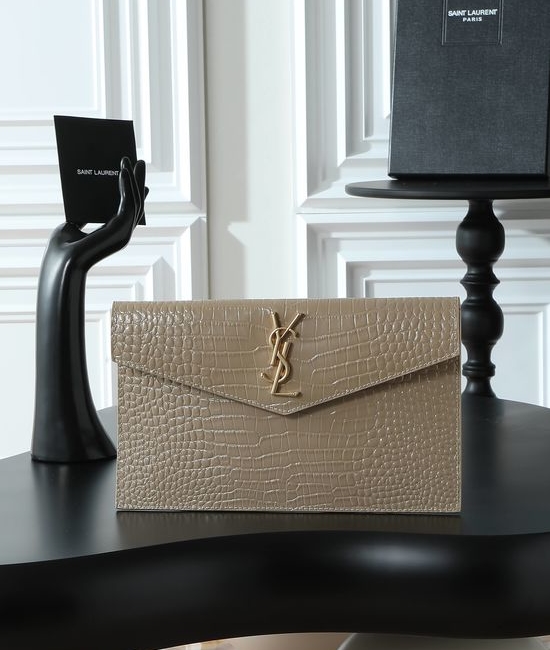 Yves Saint Laurent YSL Uptown Clutch Apricot Crocodile Embossed 565739