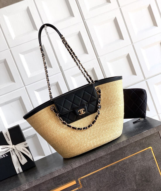 Chanel Raffia Leather Woven Basket Bag AS5952