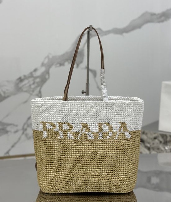 Prada Raffia Tote Bag Hand-Woven Two-Tone 1BG454