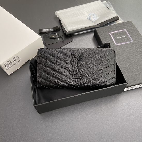 Yves Saint Laurent YSL Matelasse Grain Leather Zip-around Wallet 358094 Black Hardware