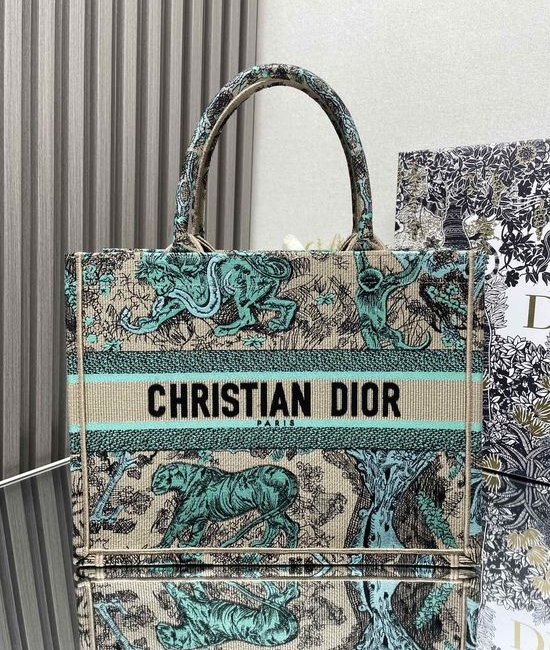 Christian Dior CD Tiger Embroidery Medium Tote Bag Apricot Green