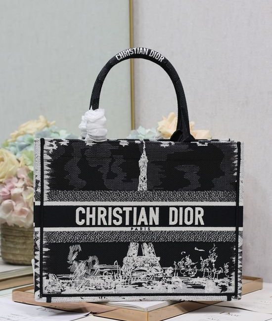 Christian Dior CD Book Tote Eiffel Tower Black Medium 1286