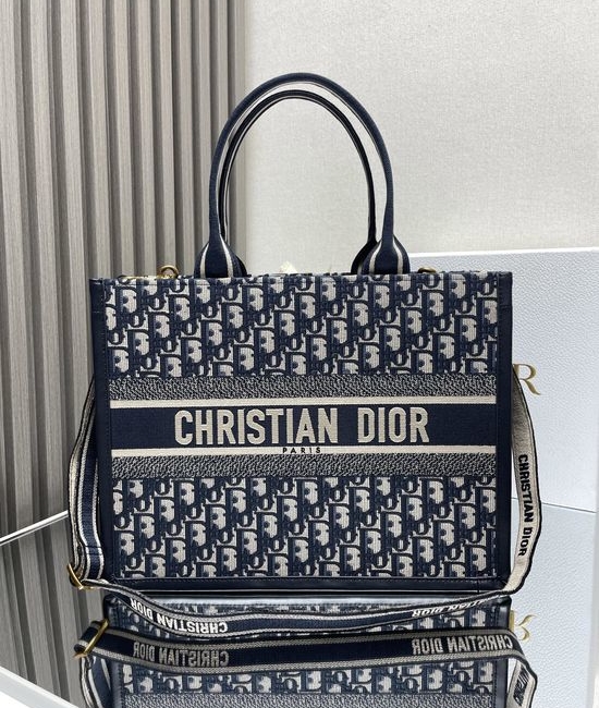 Christian Dior CD Book Tote Blue Embroidery Medium 6402