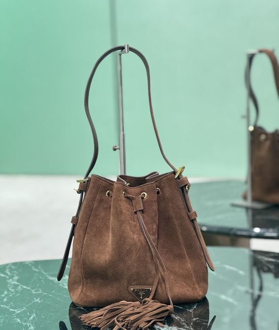 Prada Suede Bucket Bag Leather Drawstring Metal Logo 1BE079