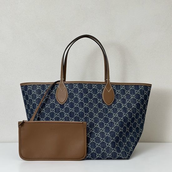 Gucci Large Denim Tote Bag Brown Trim 820481