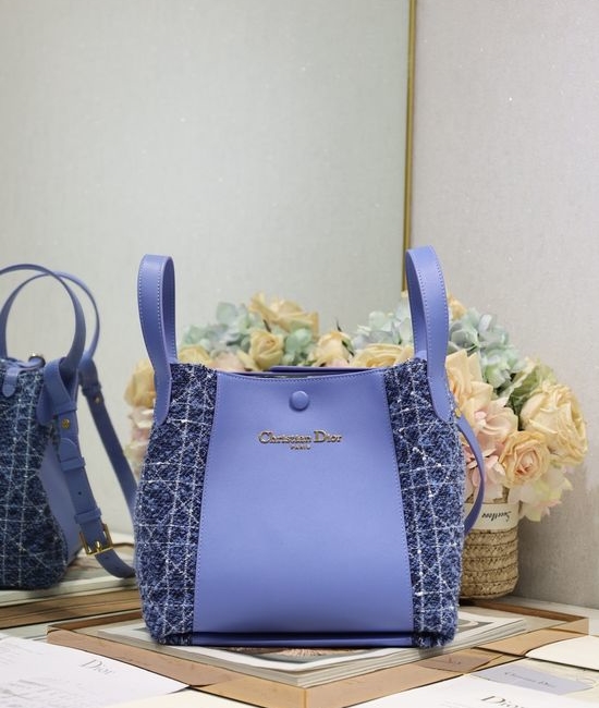 Christian Dior CD Signature Medium Bucket Bag Blue Tweed 2366