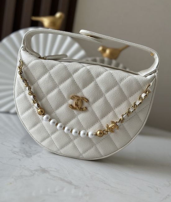 Chanel Pearl Buckle Half-moon Clutch 66046 White