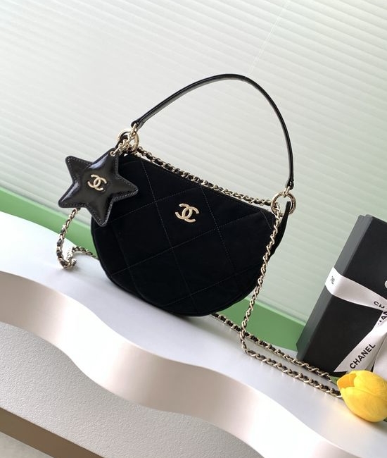 Chanel Black Velvet Crescent Bag with Star Mirror Charm AP4891