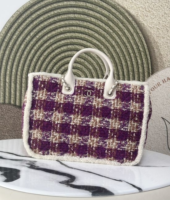 Chanel Beach Bag Purple Plaid Wool Large