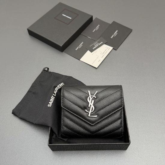 Yves Saint Laurent YSL Matelasse Leather Trifold Wallet Silver 403943