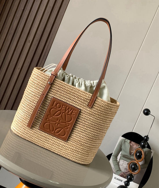 Loewe Basket Raffia Leather Handbag 8001 Brown
