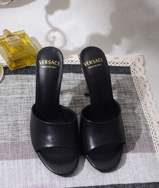 Versace High Heel Slide Sandals Full Sheepskin Lined Cowhide Upper