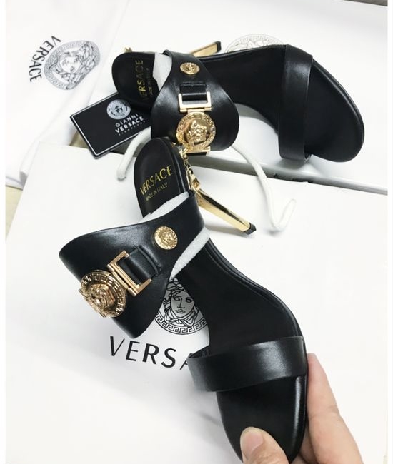 Versace High Heel Slide Sandals Full Sheepskin Lined Cowhide Upper
