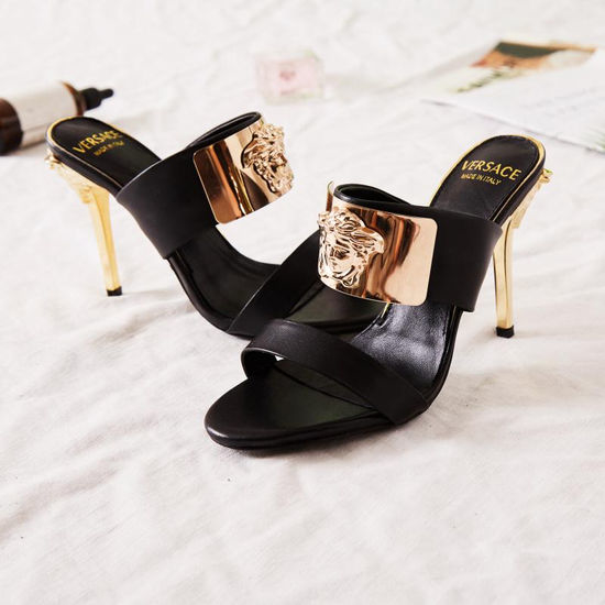 Versace High Heel Slide Sandals Full Sheepskin Lined Cowhide Upper