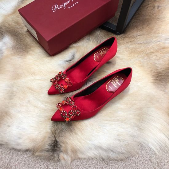 Roger Viver Silk Upper Shiny Sole Rhinestone Buckle Comfortable Heels