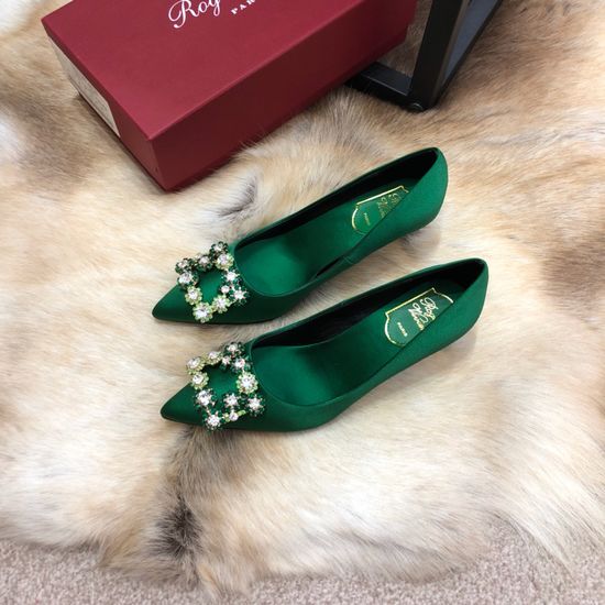Roger Viver Silk Upper Shiny Sole Rhinestone Buckle Comfortable Heels