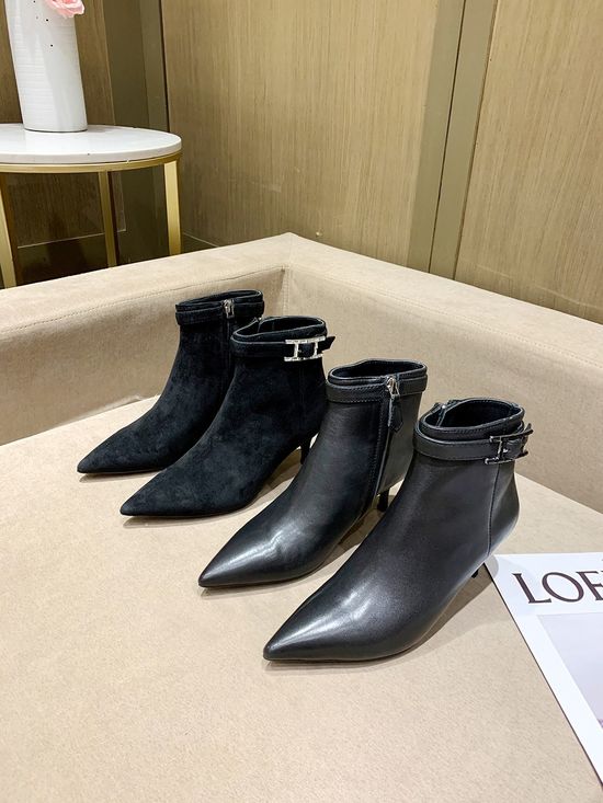 Hermes Genuine Leather Pointed Toe Low Heel Dress Ankle Boots