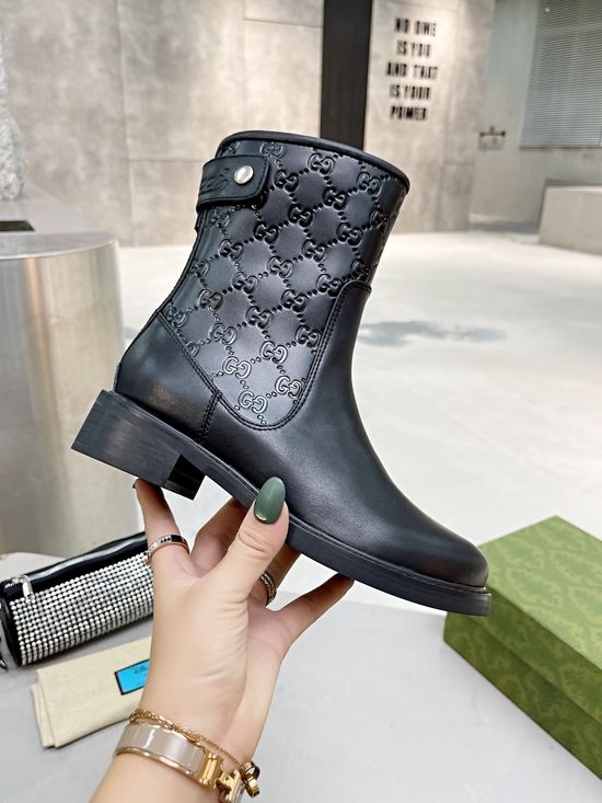 Gucci Large Embossed Leather Ankle Boots Premium Durable Fashion Boots