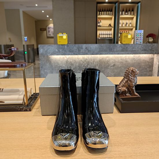 Prada Metal Toe Chunky Heel Comfortable Leather Boots