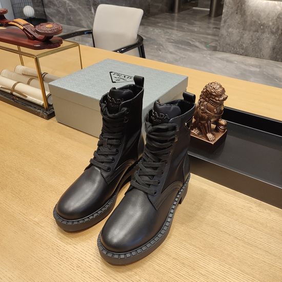Prada Canvas Stitched Leather Ankle Boots with Non-slip Sole