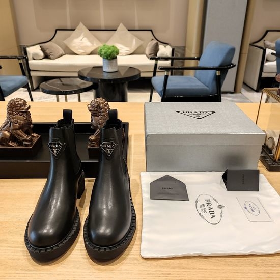 Prada Premium Leather Boots with Metal Decor Comfortable Sole