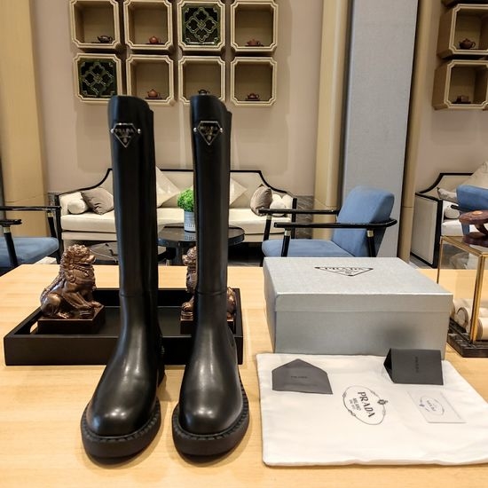 Prada Premium Leather Boots with Metal Decor Comfortable Non-slip Sole