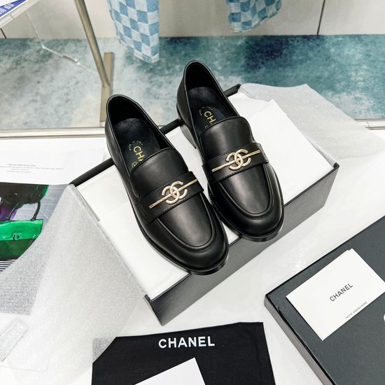 Chanel Comfortable Leather Loafers with Metal Logo Decor