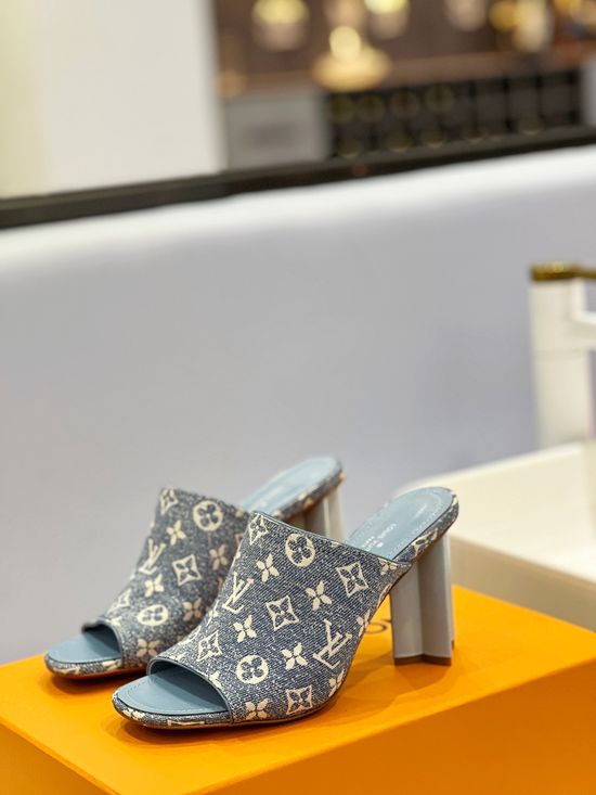 Louis Vuitton Denim Pattern Peep Toe Chunky Heel Leather Sandals