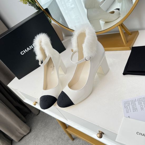 Chanel Faux Fur Chunky Heel Pumps Elegant Leather Sole Dress Shoes