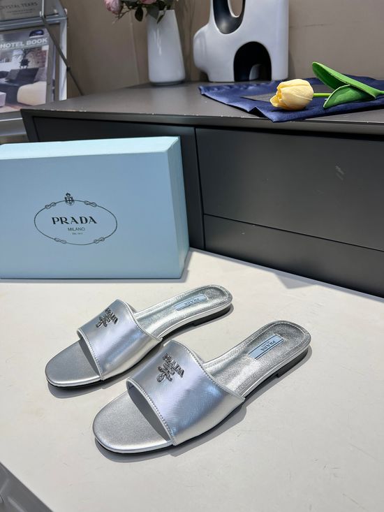 Prada Embossed Patent Leather Low Heel Slides