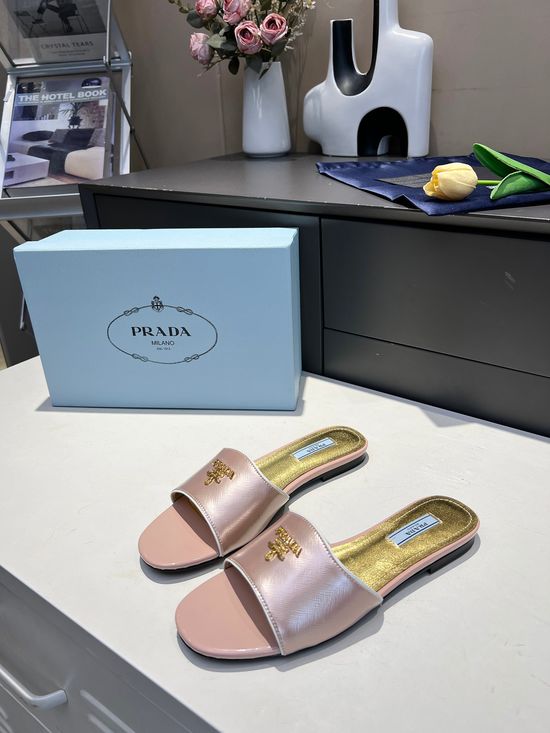 Prada Embossed Patent Leather Low Heel Slides