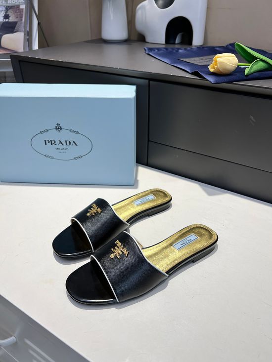 Prada Embossed Patent Leather Low Heel Slides