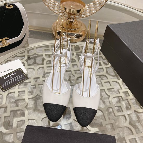 Chanel Kitten Heel Open Back Lambskin Sandals