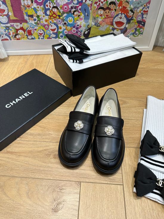 Chanel Round Toe Retro Leather Loafers With Metal Buckle