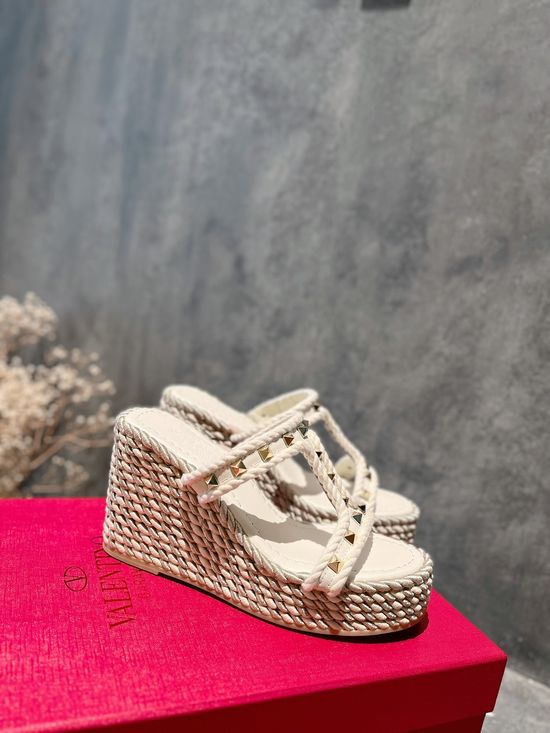 Valentino Rhinestone Decor Woven Espadrille Wedge Sandals