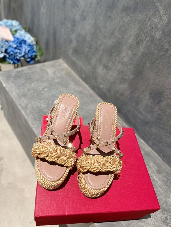Valentino Rhinestone Decor Woven Espadrille Wedge Sandals